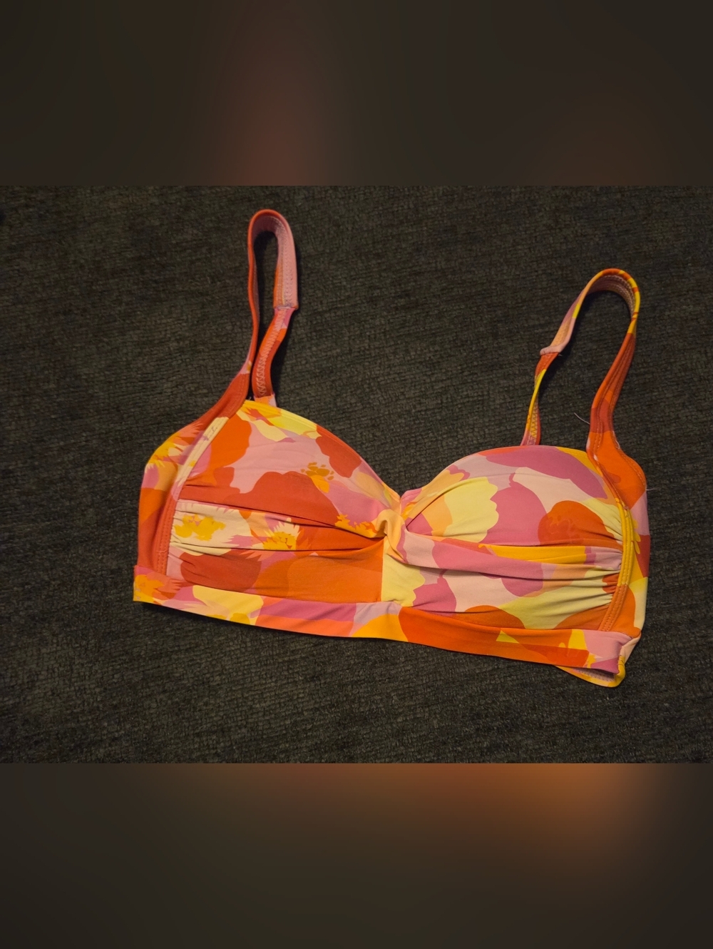 Twist-Front Floral Bikini Top in Pink, Orange & Yellow. Size 6